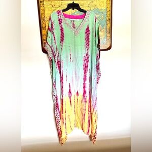 Soft Surroundings Embellished Kaftan Maxi Dress Coverup PS/PM Mirrors Tie Dye